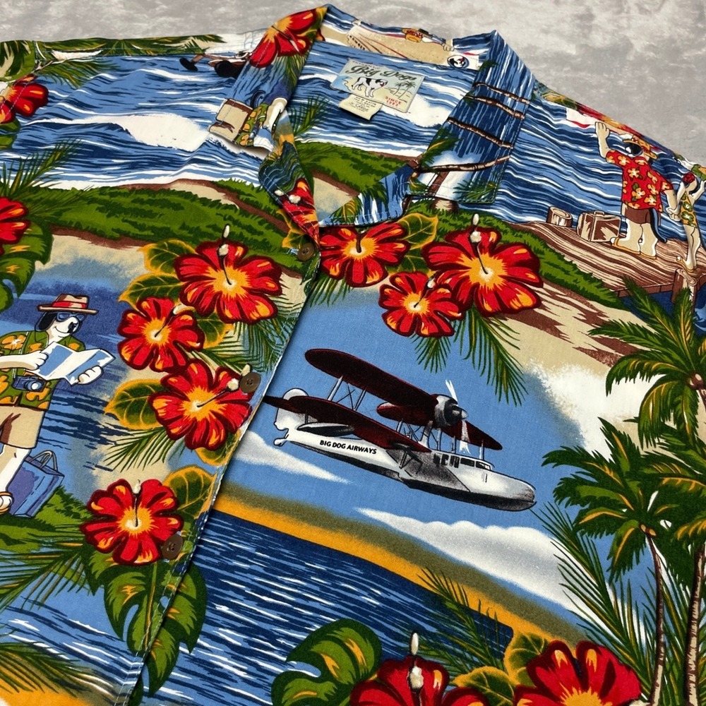 Big Dogs Mens Tropical Cruise Shirt Sz XL Blue Hawaiian Seaplane Rayon Button Up